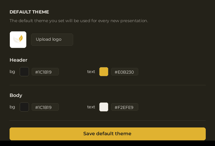 Default Theme editor screen showing logo upload, header and body color fields, and a Save default theme button