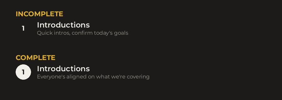 Agenda glyph states: an incomplete item with a plain number, and a complete item with a filled neutral circle