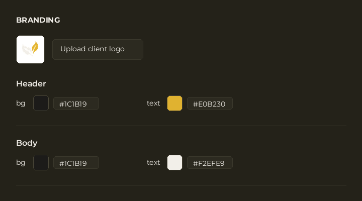 Branding fields in the Editor: client logo upload, header background and text colors, body background and text colors