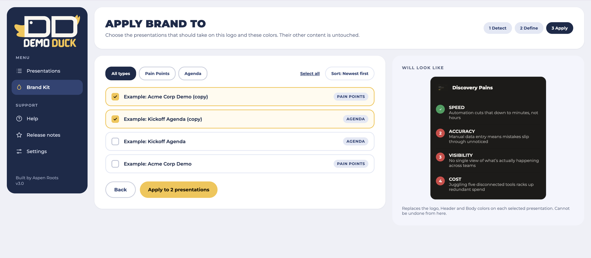 Choosing presentations to apply a brand to