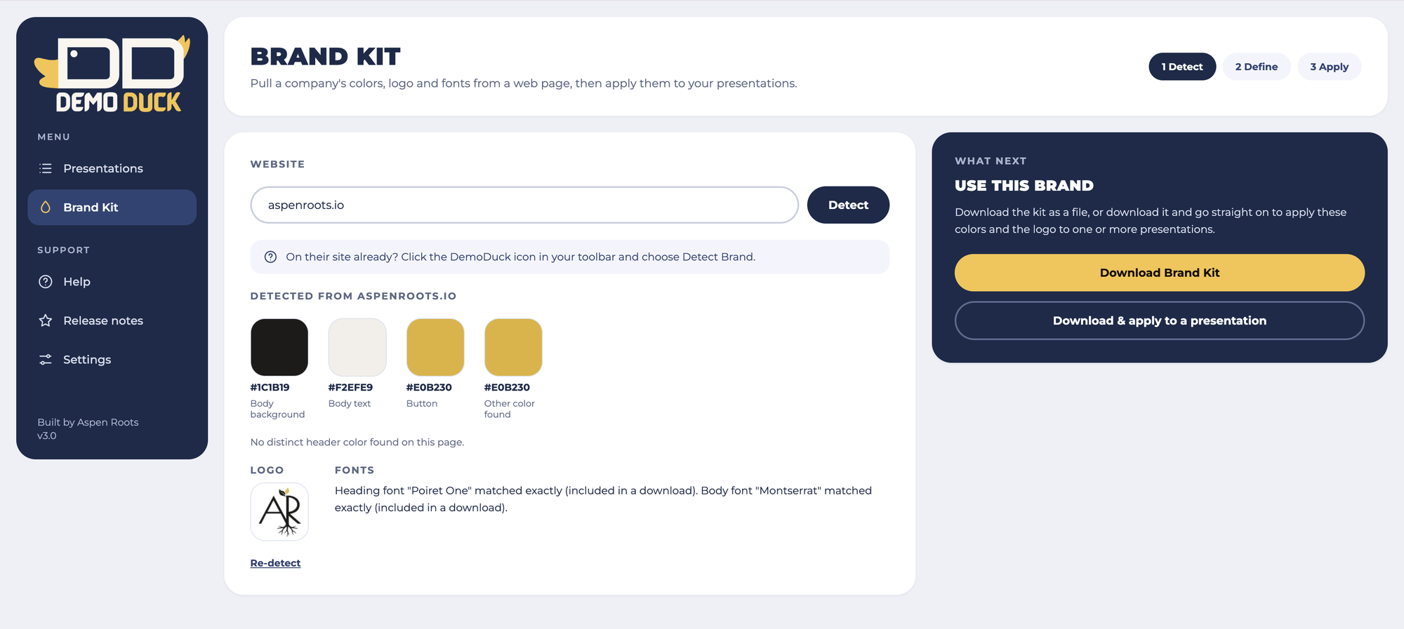 Brand Kit showing colors, logo, and fonts detected from a website