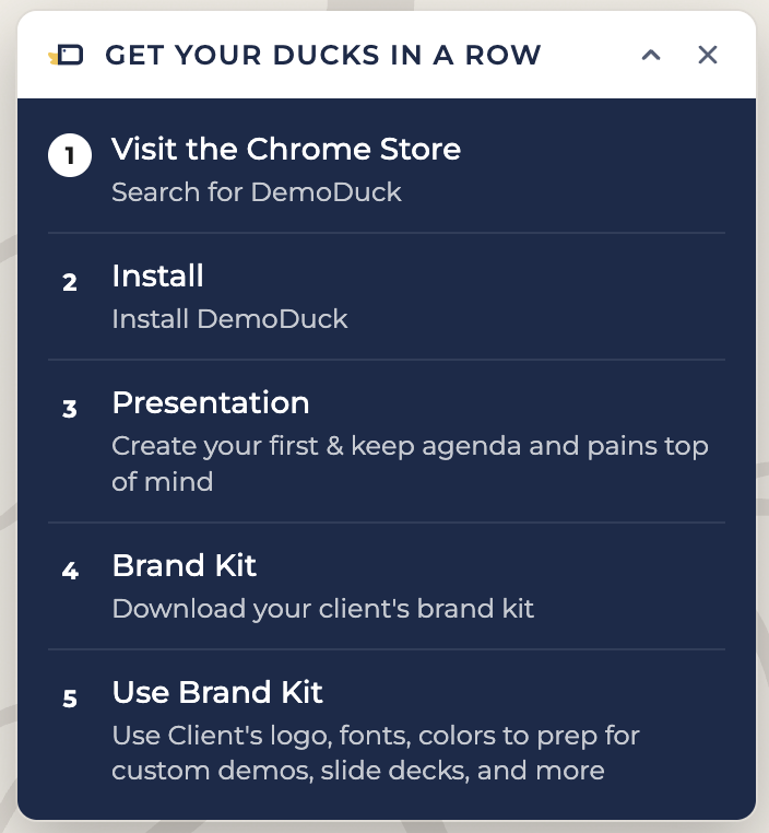 A DemoDuck agenda tracker with five steps: visit the Chrome Store, install, build a presentation, download a brand kit, and use it