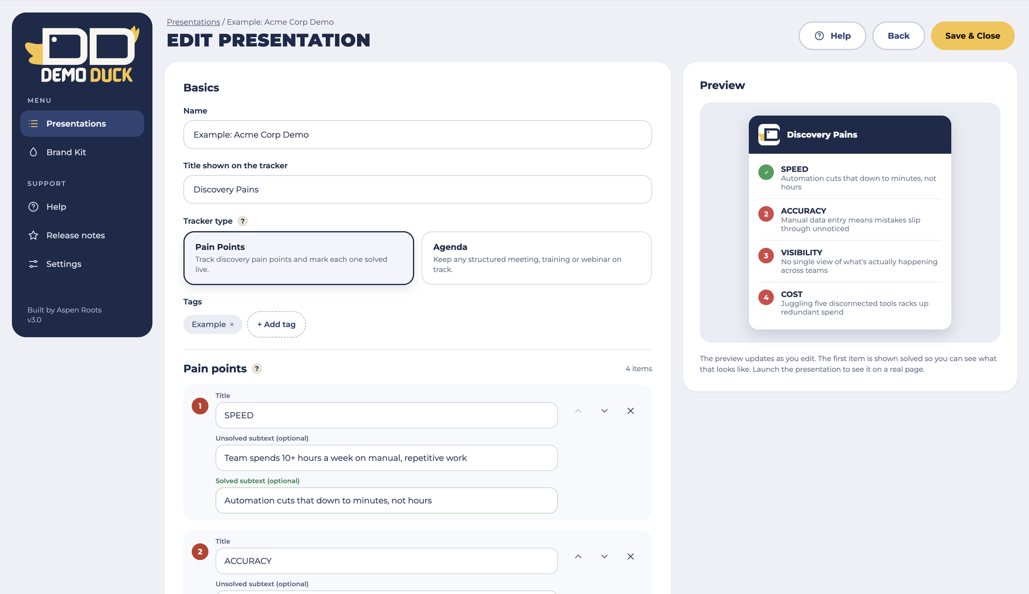 DemoDuck editor with a live preview of the tracker