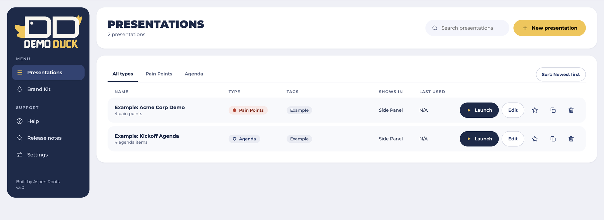 DemoDuck presentations list with tags and search